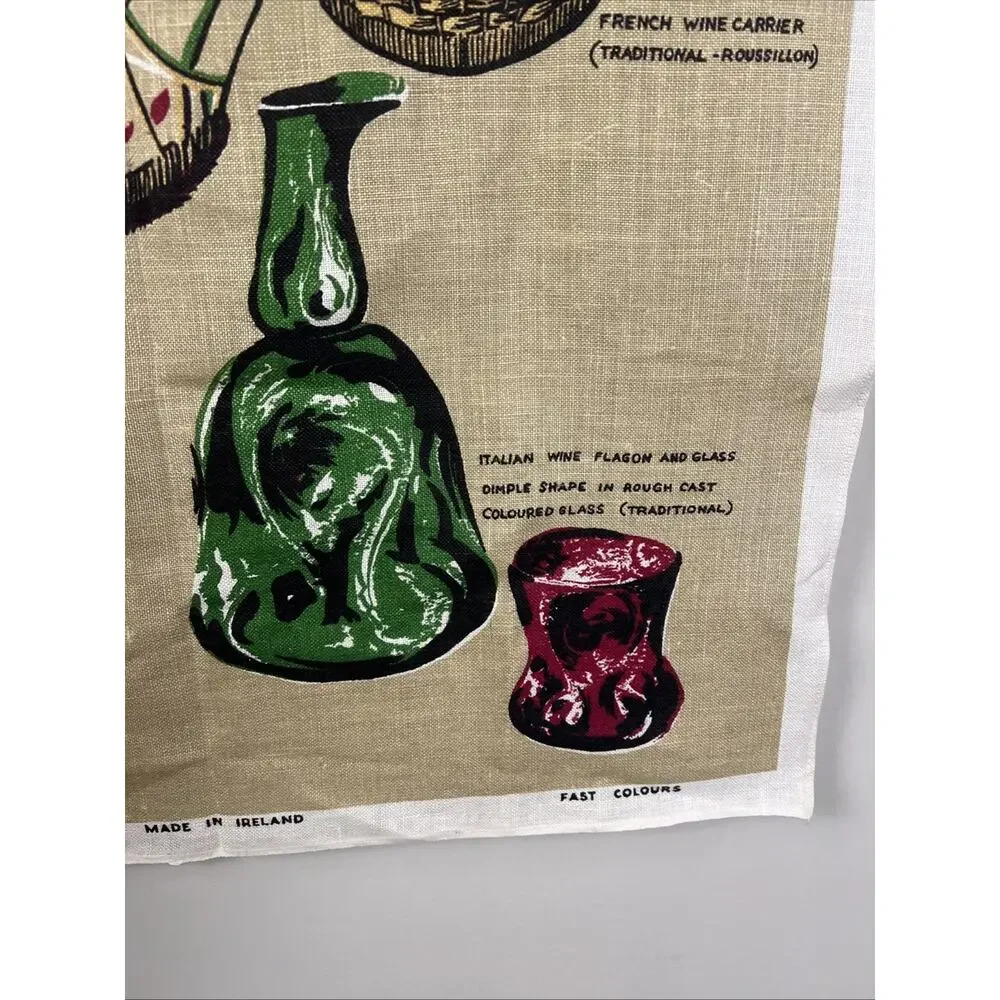 Vintage Irish Linen Tea Towel‎ Exotic Wine Bottles Cool Graphics